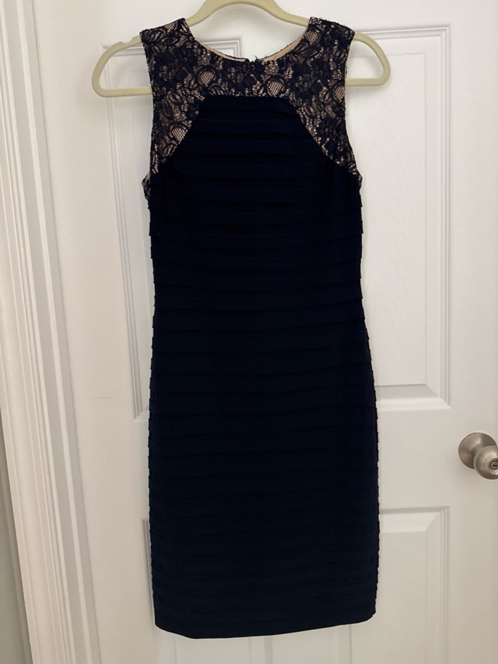 Adrianna Papell Navy Midi Sheath Dress with Lace Yoke
